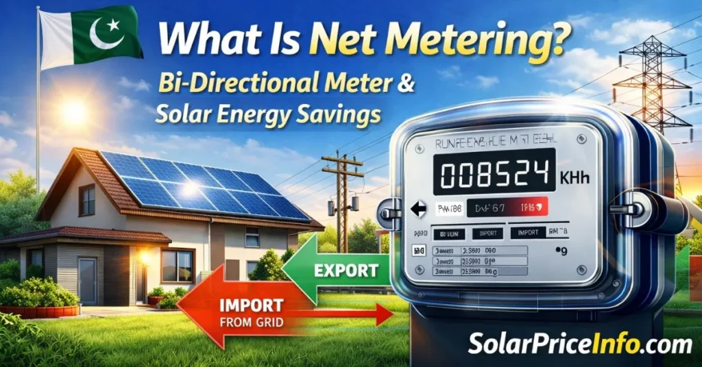 Bi-directional energy meter used for net metering in Pakistan Net metering in Pakistan bi-directional electricity meter example Solar net metering meter showing import and export units in Pakistan
