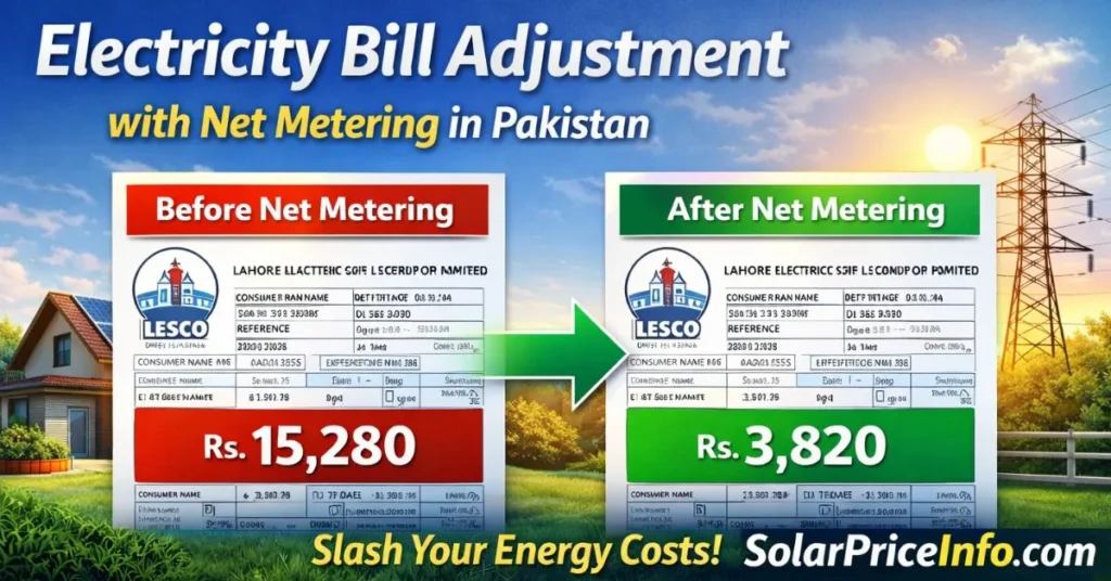 Electricity bill adjustment example with net metering in Pakistan Before and after electricity bill comparison using net metering in Pakistan Net metering in Pakistan reducing monthly electricity bills