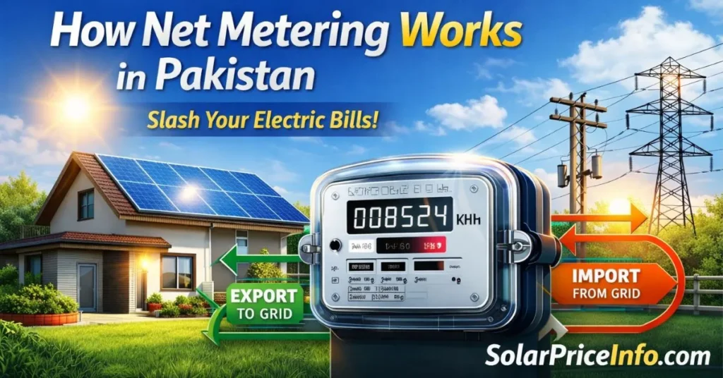 Net metering in Pakistan flow diagram showing import and export of electricity How net metering works in Pakistan step by step visual explanation Solar net metering process in Pakistan with grid connection
