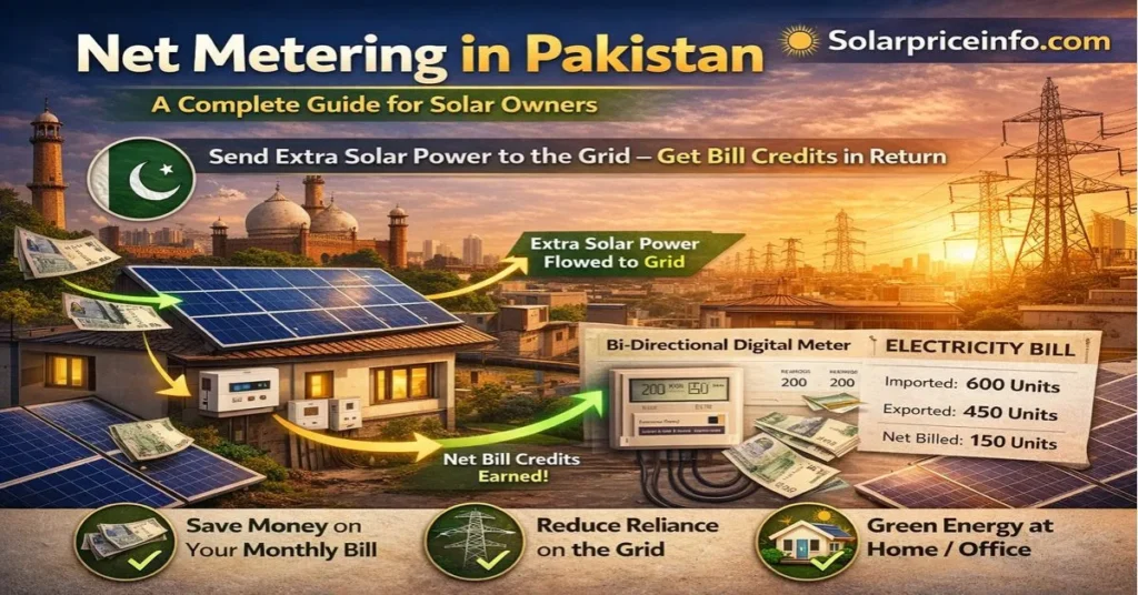 Net metering in Pakistan solar system connected to national grid Solar panels and net metering system in Pakistan for electricity savings Net metering in Pakistan showing home solar system exporting power