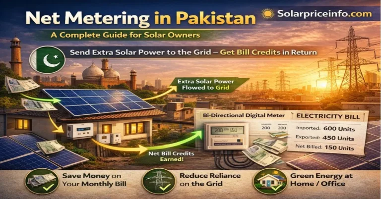 Net metering in Pakistan solar system connected to national grid Solar panels and net metering system in Pakistan for electricity savings Net metering in Pakistan showing home solar system exporting power