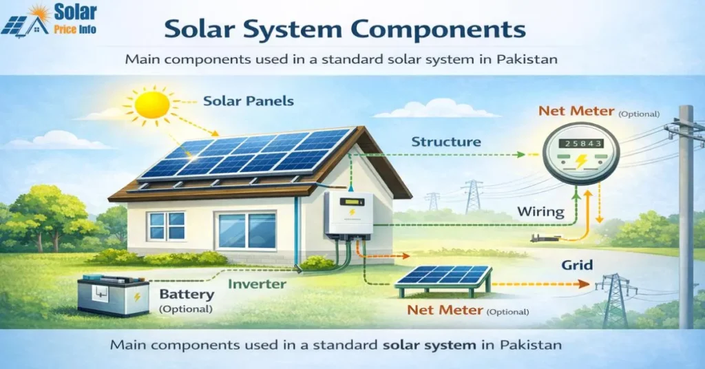 Solar system price in Pakistan explained with solar system components diagram, Solar system components diagram showing factors affecting solar system price in Pakistan, Solar system price in Pakistan overview with solar panels, inverter, battery, and net metering