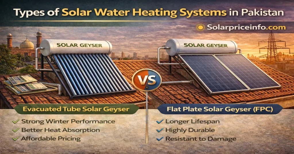 evacuated tube and flat plate solar geyser comparison types of solar water heater systems used in Pakistan solar geyser tubes and flat plate collector difference