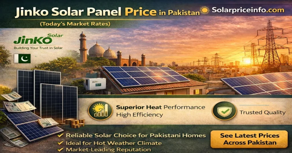 Jinko solar panel price in Pakistan shown on rooftop installation, Latest Jinko solar panel price in Pakistan for home solar systems, Jinko solar panels in Pakistan with updated price and installation view,
