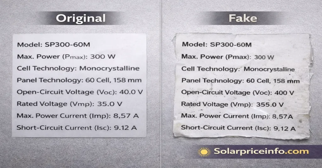 Solar panel verification showing original vs fake label difference Original and fake solar panel label comparison for solar panel verification Visual guide to solar panel verification using label quality checks