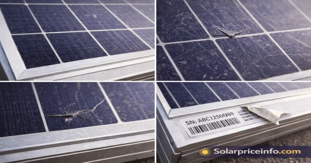 Solar panel verification showing physical signs of fake solar panels Physical inspection guide for solar panel verification and authenticity check Solar panel verification using visual signs like cracked cells and peeling labels
