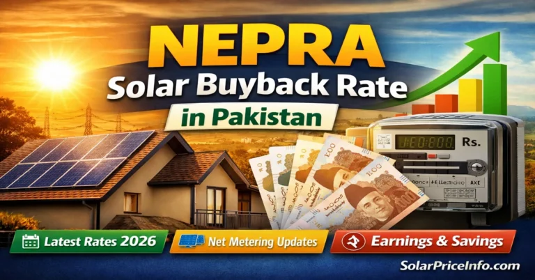 NEPRA solar buyback rate in Pakistan 2026 showing rooftop solar panels, electricity meter, rupee notes and export unit rate under new net metering policy
